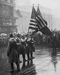 Buffaloes. 367th Infantry, (African American) troops return colors to Union League Club. Men draw . . . - NARA - 533590.jpg