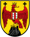 Länderwappen des Burgenlands mit dreimal von Rot und Kürsch gespaltenem, golden eingefasstem Schild.