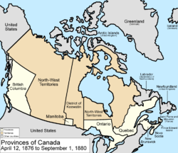 Map of the country of Canada on April 12, 1876, depicting the postage stamp sized province of Manitoba along with the provinces of Ontario northern border extended to the 51st parallel north, Prince Edward Island, Quebec (southern portion only), New Brunswick, British Columbia and Nova Scotia, in the colour white, Rupert's Land now named the North-West Territories is separated by the District of Keewatin north of Manitoba. Territories are depicted in the colour pink. The area called Newfoundland, Labrador, Alaska, and the northerly Islands are depicted in bluish grey colour, and are not a part of Canada.