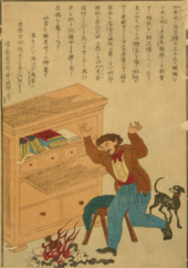 Japanese print depicting Thomas Carlyle's horror at the burning of his manuscript The French Revolution: A History Carlyle manuscript burning Japan cph.3g10399.tif