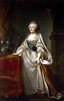 Old portrait of a standing queen very richly dressed with an ermine-lined cloak holding a scepter