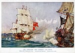 Miniatuur voor Bestand:Charles Edward Dixon HMS Swallow 1703 Black Bart Battle of Cape Lopez Royal Fortune Bartholomew Roberts.jpg