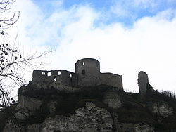 Le château, vu de la Seine, logis (à gauche) et donjon