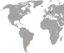 Česko (zelená) a Uruguay (oranžová) na mapě světa