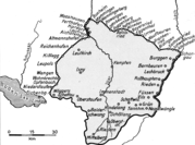 Allgäu-Definition nach Franz Ludwig Baumann (1883) mit Anpassungen durch Otto Merkt (1936): Bei Baumann diente die großzügige Linienführung zur inhaltlichen Eingrenzung seiner Bücher, Otto Merkt strebte wiederum Kempten als Haupt­stadt und Zentrum des Allgäus an, weshalb es nicht am nörd­lichen Rand liegen sollte.