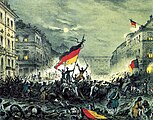 Cheering revolutionaries in Berlin, on March 19, 1848, with the new flag of Germany