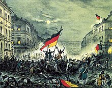 Ereignisblatt aus den revolutionären Märztagen 18.–19. März 1848 mit einer Barrikadenszene aus der Breiten Strasse, Berlin