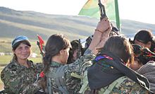 YJE are women fighters trained by the Kurdish Workers Party guerillas to defend themselves against Islamist extremists. Female Yezidi resistance fighters - YJE.jpg