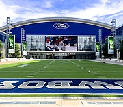 Exterior of Ford Center at the Star in Frisco, Texas, 2018.