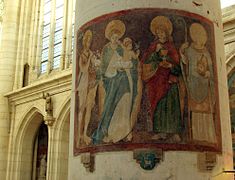 Fresco de comienzos del siglo XVI (de izquierda a derecha: Juan Bautista, Santa María con el niño Jesús, San Juan Evangelista, San Didier sosteniendo su cabeza decapitada). Se ve un pasaje de Champagne en el pilar lateral en alto a la izquierda.