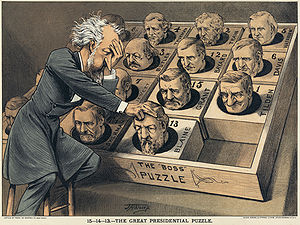 1880 джылгъы карикатура, АБШ-ны Республикан партиясыны лидери Роско Конклингни президентге кандидатланы башлары бла ойнай тургъанлай кёргюзтеди