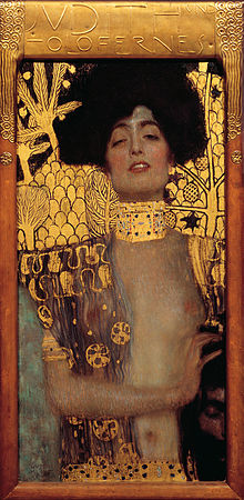 Peinture d'une femme dévêtue (naissance des seins visible) et tenant une tête décapitée dans sa main gauche.