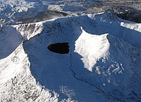 Helvellyn from the air in December. Red Tarn (centre) is flanked by Striding Edge (left) and Swirral Edge.