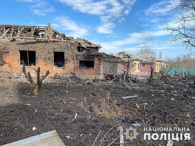 Bâtiments à Kostiantynivka après un bombardement.