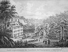 Black and white engravings showing various buildings, including a large four-storey building on the left, in the middle of a bucolic landscape.