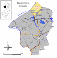 Карта городка Ливана в графстве Хантердон. Врезка: расположение округа Хантердон, выделенного в штате Нью-Джерси.