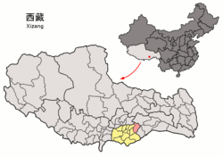 Location of Gyaca County (red) within Shannan City (yellow) and the Tibet A.R.