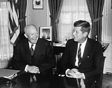 Outgoing president Dwight D. Eisenhower and President-elect John F. Kennedy at the White House on December 6, 1960 MEETING BETWEEN PRESIDENT DWIGHT D. EISENHOWER (DDE) AND PRESIDENT-ELECT KENNEDY-AR6180-C.jpg