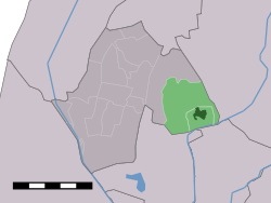 The village centre (dark green) and the statistical district (light green) of Waarland in the former municipality of Harenkarspel.
