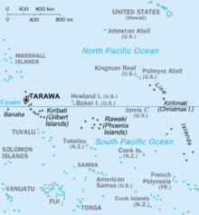 Map of Kiribati, with Line Islands on the right and Phoenix Islands in the middle Map of Kiribati CIA WFB.png