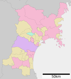 Mapa konturowa Miyagi, na dole nieco na lewo znajduje się punkt z opisem „Shiroishi”