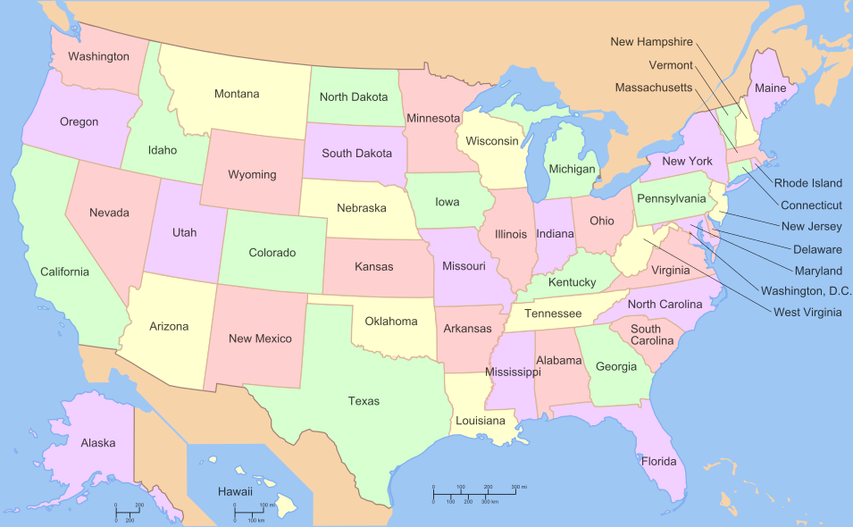 Map of USA with state names 2