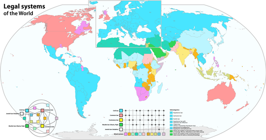 Colour-coded map of the legal systems around the world, showing civil, common law, religious, customary and mixed legal systems. Common law systems are shaded pink, and civil law systems are shaded blue/turquoise. Map of the Legal systems of the world (en).png