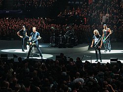 Metallica на концерте в Лондоне, 2017 год. Слева направо: Ларс Ульрих, Джеймс Хетфилд, Кирк Хэмметт, Роберт Трухильо