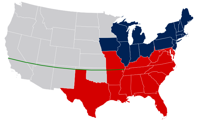 The line of the Missouri Compromise. New states north of the line would not permit slavery. States south of the line would.