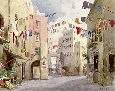 Set design for Act I of Niccola Spinelli's A basso porto by Riccardo Salvadori