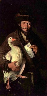 Nicolae Grigorescu: Jew with Goose (c. 1880) - a Romanian Jew holding a petition and a goose for bribery. Nicolae Grigorescu 026.jpg