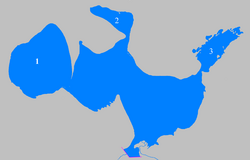 Carte de la Petite mer d'Aral,1= Baie Shevchenko2= Baie Butakov 3= Baie Saryshyganak.