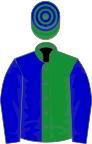 Green and blue (halved), blue sleeves, hooped cap
