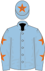 Light blue, orange stars on sleeves, light blue cap, orange star