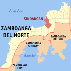 Mapa ng Zamboanga del Norte na nagpapakita sa lokasyon ng Sindangan.