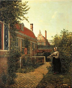 Frau mit Bohnenkorb im Gemüsegärtchen (Pieter de Hooch)