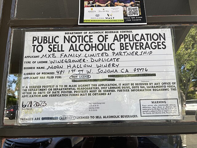 A public notice of an application to sell alcoholic beverages in Sonoma, California in 2023.