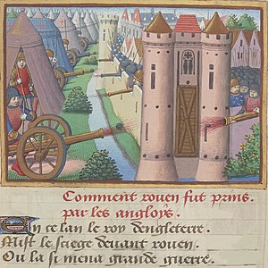 Осада Руана, миниатюра из «Вигилий на смерть короля Карла VII». Около 1483 г.