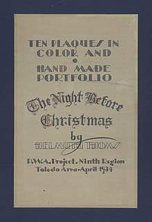 The cover of a series of illustrations for the "Night Before Christmas", published as part of the Public Works Administration project in 1934 by Helmuth F. Thoms The Night Before Christmas illustrations - DPLA - 9edc8d5974a5a0adcab6bad6440fd84d (page 1).jpg