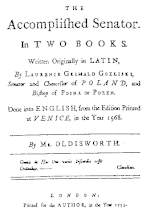 1733 English translation of Goslicki's De optimo senatore Title page of the 1733 English translation of Goslicki's "De optimo senatore".gif