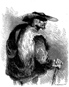 Portrait de profil de Raguet avec son habit de paysan, un large chapeau, une veste, les mains refermées sur son bâton, l'air patibulaire.