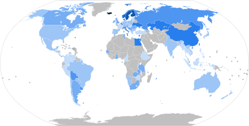 World map with countries shaded according to their trade union density rate with statistics provided by the International Labour Organization Department of Statistics
.mw-parser-output .legend{page-break-inside:avoid;break-inside:avoid-column}.mw-parser-output .legend-color{display:inline-block;min-width:1.25em;height:1.25em;line-height:1.25;margin:1px 0;text-align:center;border:1px solid black;background-color:transparent;color:black}.mw-parser-output .legend-text{}
90.0-99.9%
80.0-89.9%
70.0-79.9%
60.0-69.9%
50.0-59.9%
40.0-49.9%
30.0-39.9%
20.0-29.9%
10.0-19.9%
0.0-9.9%
No data Trade union density rate map.svg