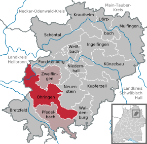 Poziția orașului Öhringen pe harta districtului Hohenlohekreis