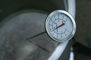 A thermometer in a bucket of heated water read...