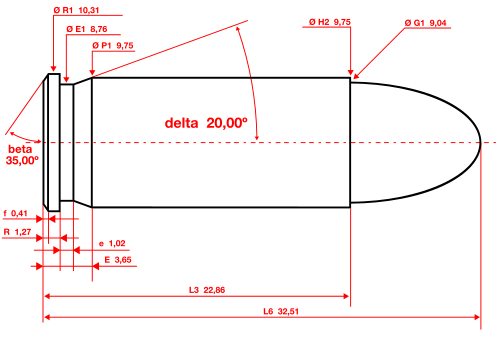 .38 Super maximum C.I.P. cartridge dimensions. All sizes in millimeters (mm).[5]