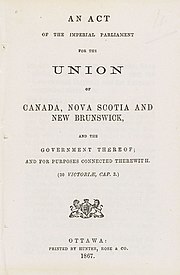 Cover page of the BNA Act: "An Act of the Imperial Parliament for the Union of Canada, Nova Scotia and New Brunswick"