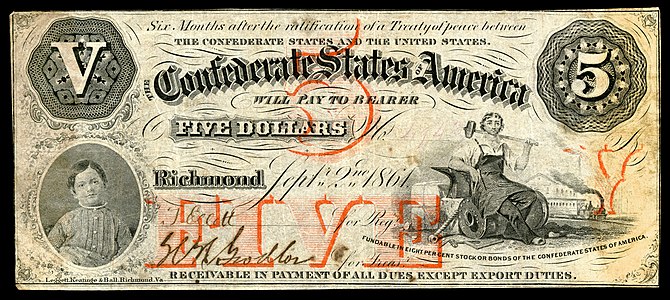 $5 (T32) Boy; Machinist with hammer Leggett, Keatinge & Ball (Richmond, VA) (20,333 issued)