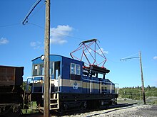 Electric locomotive used in mining operations in Flin Flon, Manitoba. This locomotive is on display and not currently in service. DC Electric Locomotive.jpg