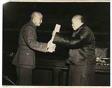 Wu Zhihui delivering the Constitution of the Republic of China to Chiang Kai-shek. Delivering ceremony of the Constitution of ROC.jpg