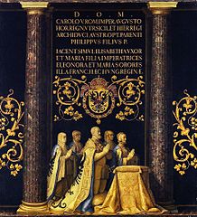 Grupo de orantes de Carlos V en el Escorial, de los Leoni (reproducción pictórica de Pantoja de la Cruz).